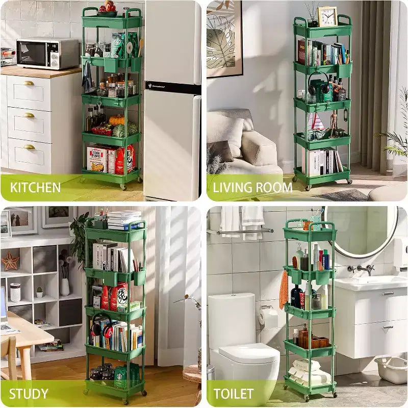 ALUCSET Carrito Organizador Rodante de 5 Niveles con Cajón, Carrito Organizador de Plástico con Ruedas, Ruedas con Bloqueo para Cocina, Baño, Oficina, Dormitorio