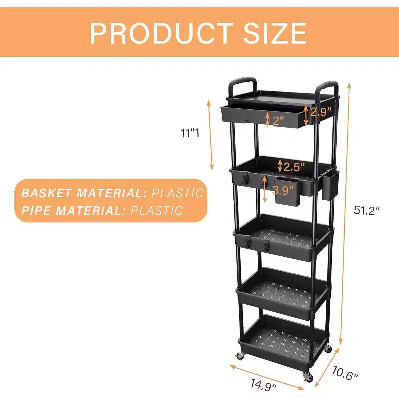 ALUCSET Carrito Organizador Rodante de 5 Niveles con Cajón, Carrito Organizador de Plástico con Ruedas, Ruedas con Bloqueo para Cocina, Baño, Oficina, Dormitorio