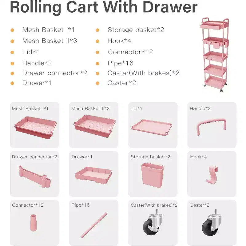 ALUCSET Carrito Organizador Rodante de 5 Niveles con Cajón, Carrito Organizador de Plástico con Ruedas, Ruedas con Bloqueo para Cocina, Baño, Oficina, Dormitorio