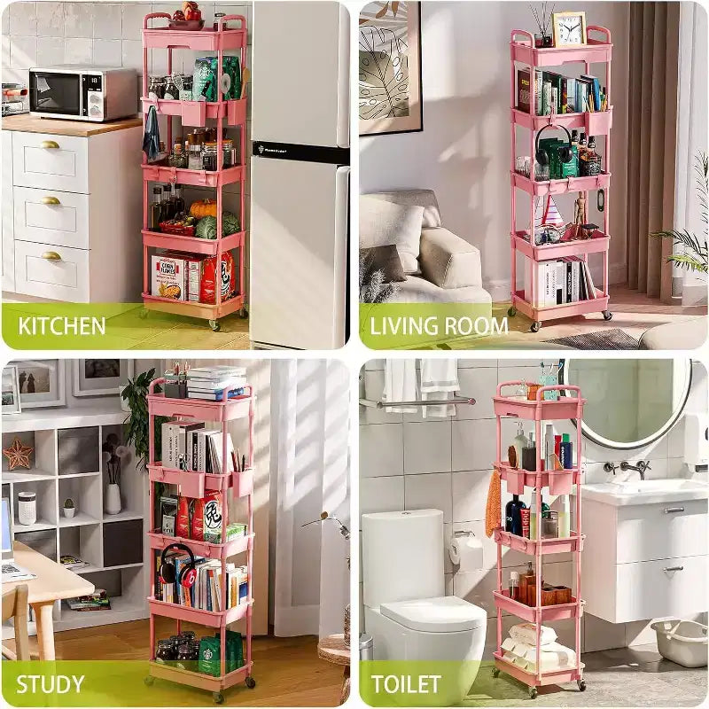 ALUCSET Carrito Organizador Rodante de 5 Niveles con Cajón, Carrito Organizador de Plástico con Ruedas, Ruedas con Bloqueo para Cocina, Baño, Oficina, Dormitorio