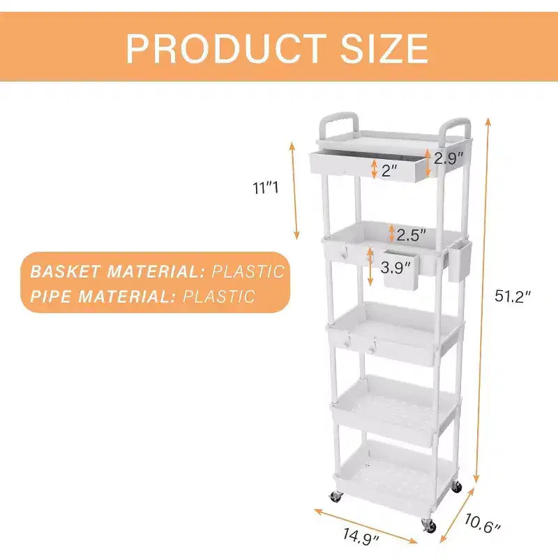ALUCSET Carrito Organizador Rodante de 5 Niveles con Cajón, Carrito Organizador de Plástico con Ruedas, Ruedas con Bloqueo para Cocina, Baño, Oficina, Dormitorio