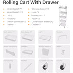 ALUCSET Carrito Organizador Rodante de 5 Niveles con Cajón, Carrito Organizador de Plástico con Ruedas, Ruedas con Bloqueo para Cocina, Baño, Oficina, Dormitorio