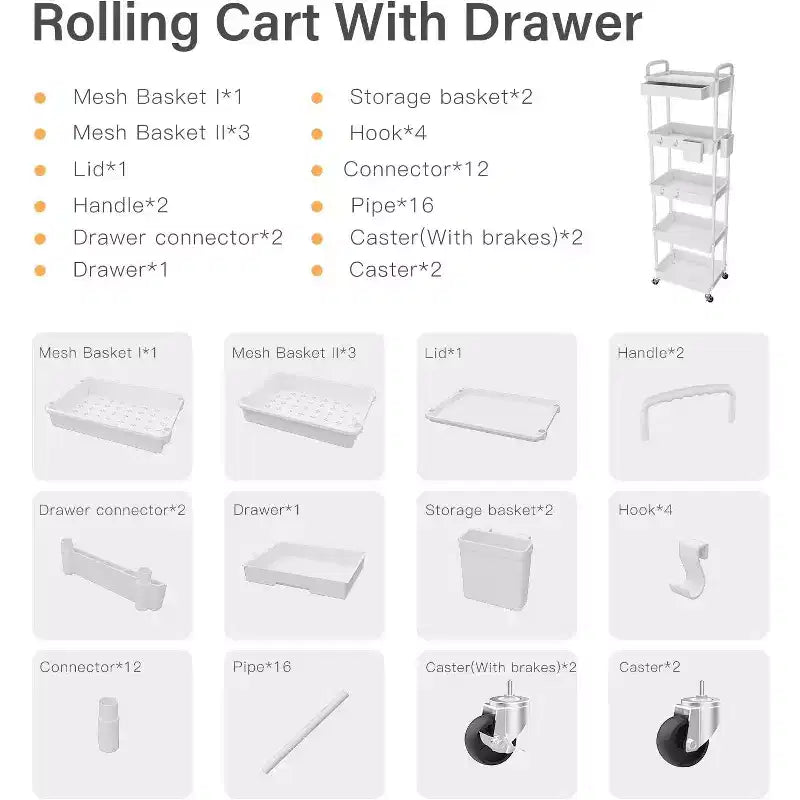 ALUCSET Carrito Organizador Rodante de 5 Niveles con Cajón, Carrito Organizador de Plástico con Ruedas, Ruedas con Bloqueo para Cocina, Baño, Oficina, Dormitorio