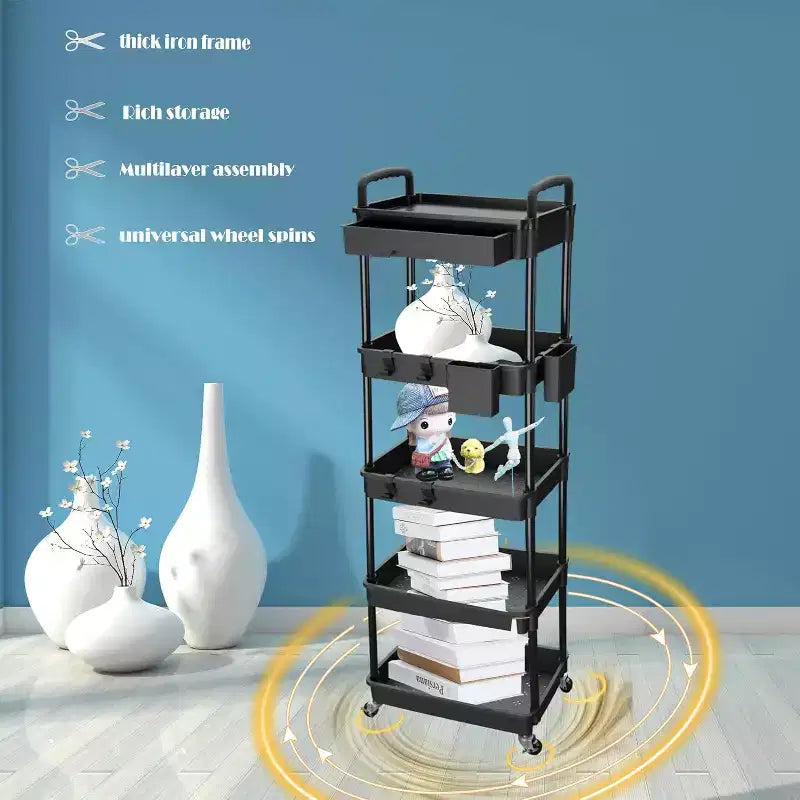 ALUCSET Carrito Organizador Rodante de 5 Niveles con Cajón, Carrito Organizador de Plástico con Ruedas, Ruedas con Bloqueo para Cocina, Baño, Oficina, Dormitorio