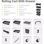 ALUCSET Carrito Organizador Rodante de 5 Niveles con Cajón, Carrito Organizador de Plástico con Ruedas, Ruedas con Bloqueo para Cocina, Baño, Oficina, Dormitorio