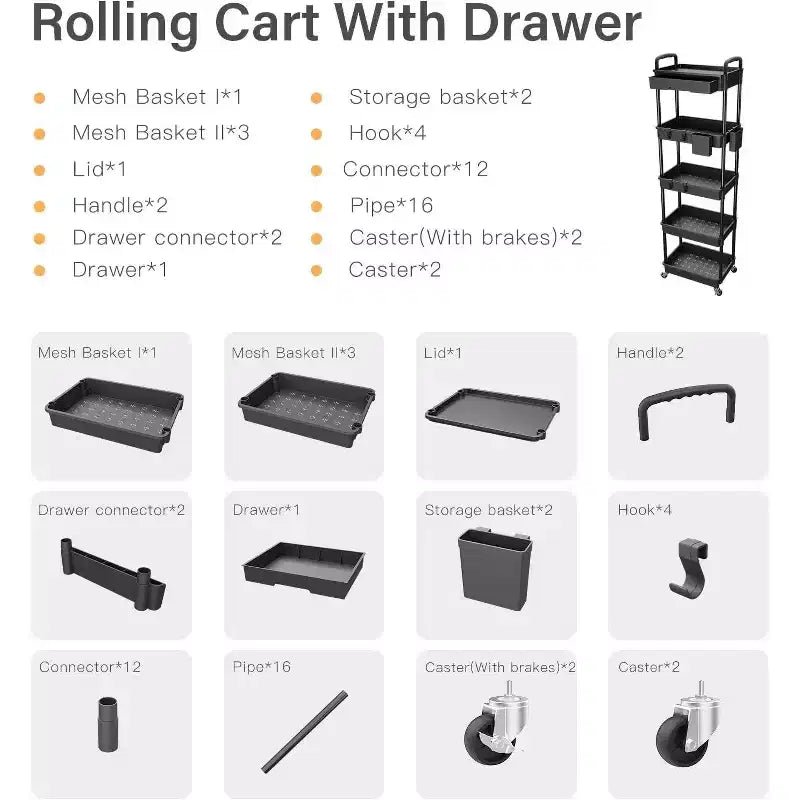 ALUCSET Carrito Organizador Rodante de 5 Niveles con Cajón, Carrito Organizador de Plástico con Ruedas, Ruedas con Bloqueo para Cocina, Baño, Oficina, Dormitorio