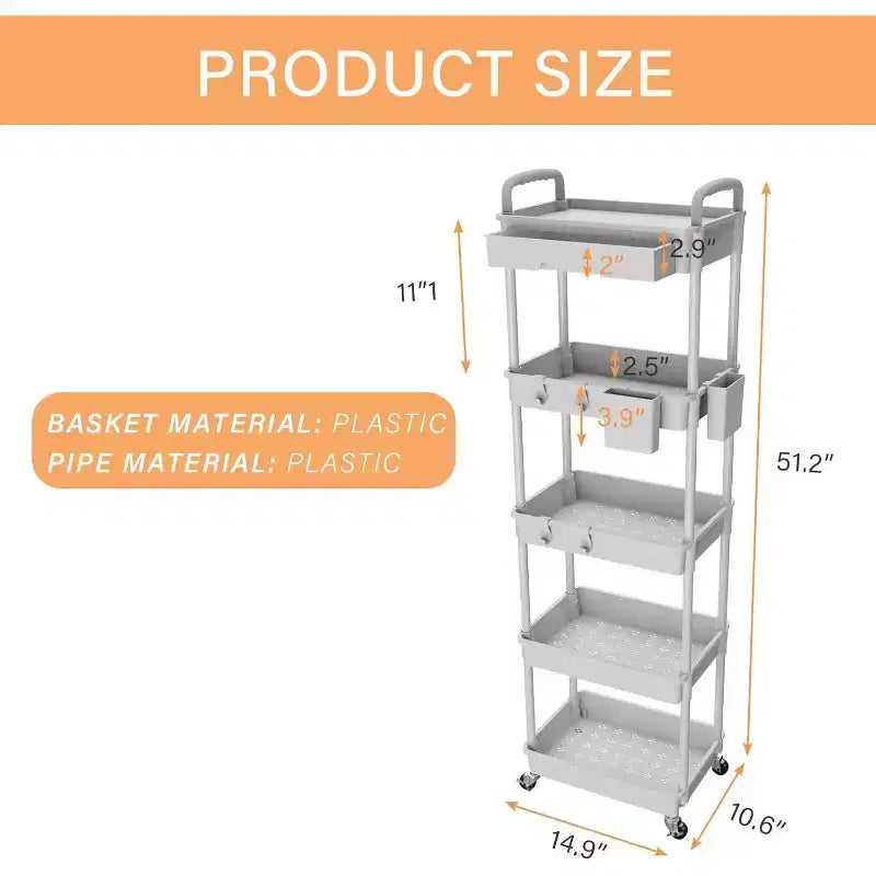 ALUCSET Carrito Organizador Rodante de 5 Niveles con Cajón, Carrito Organizador de Plástico con Ruedas, Ruedas con Bloqueo para Cocina, Baño, Oficina, Dormitorio