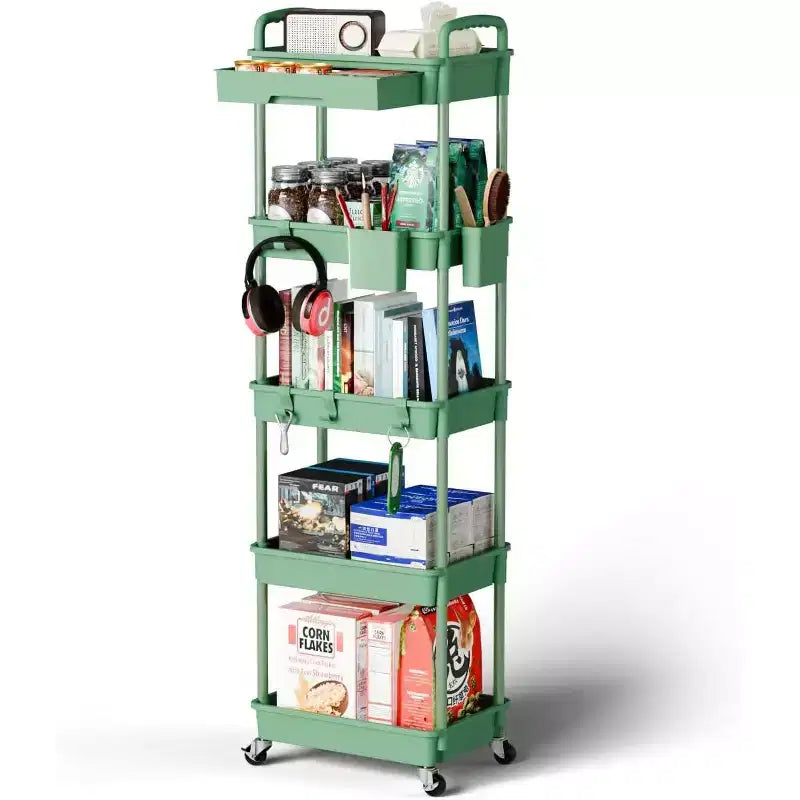 ALUCSET Carrito Organizador Rodante de 5 Niveles con Cajón, Carrito Organizador de Plástico con Ruedas, Ruedas con Bloqueo para Cocina, Baño, Oficina, Dormitorio