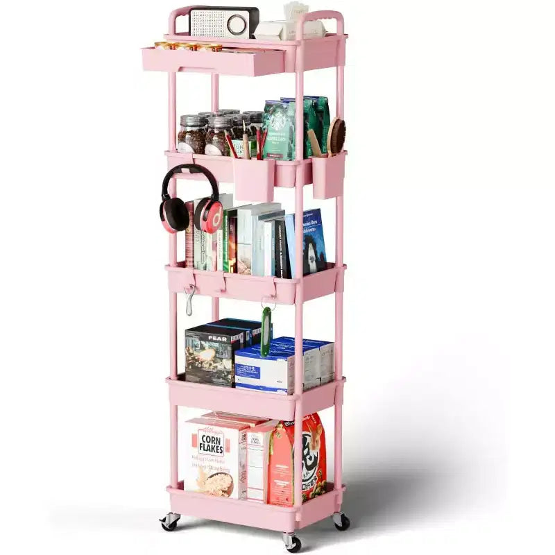 ALUCSET Carrito Organizador Rodante de 5 Niveles con Cajón, Carrito Organizador de Plástico con Ruedas, Ruedas con Bloqueo para Cocina, Baño, Oficina, Dormitorio