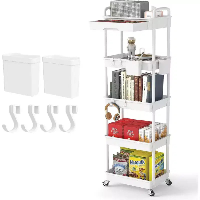 ALUCSET Carrito Organizador Rodante de 5 Niveles con Cajón, Carrito Organizador de Plástico con Ruedas, Ruedas con Bloqueo para Cocina, Baño, Oficina, Dormitorio