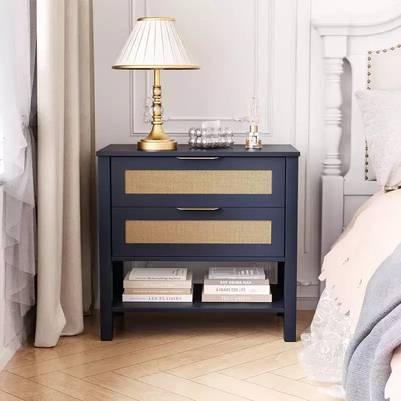 Mesita de noche de ratán bohemio con 2 cajones para dormitorio o sala de estar