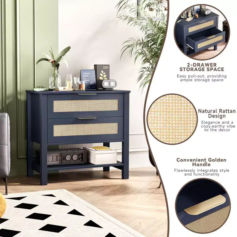 Mesita de noche de ratán bohemio con 2 cajones para dormitorio o sala de estar