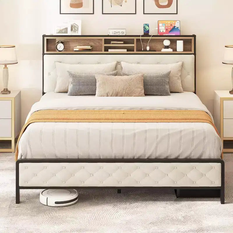 GDFStudio Roger — Base de cama de plataforma moderna con cabecero y pie de cama tapizados con almacenamiento
