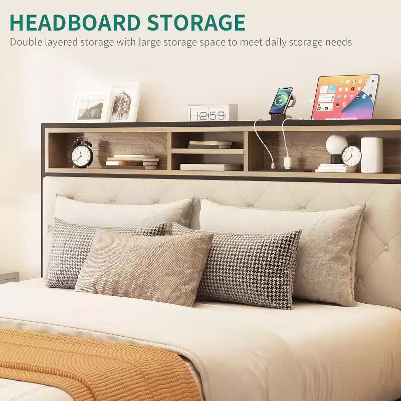 GDFStudio Roger — Base de cama de plataforma moderna con cabecero y pie de cama tapizados con almacenamiento