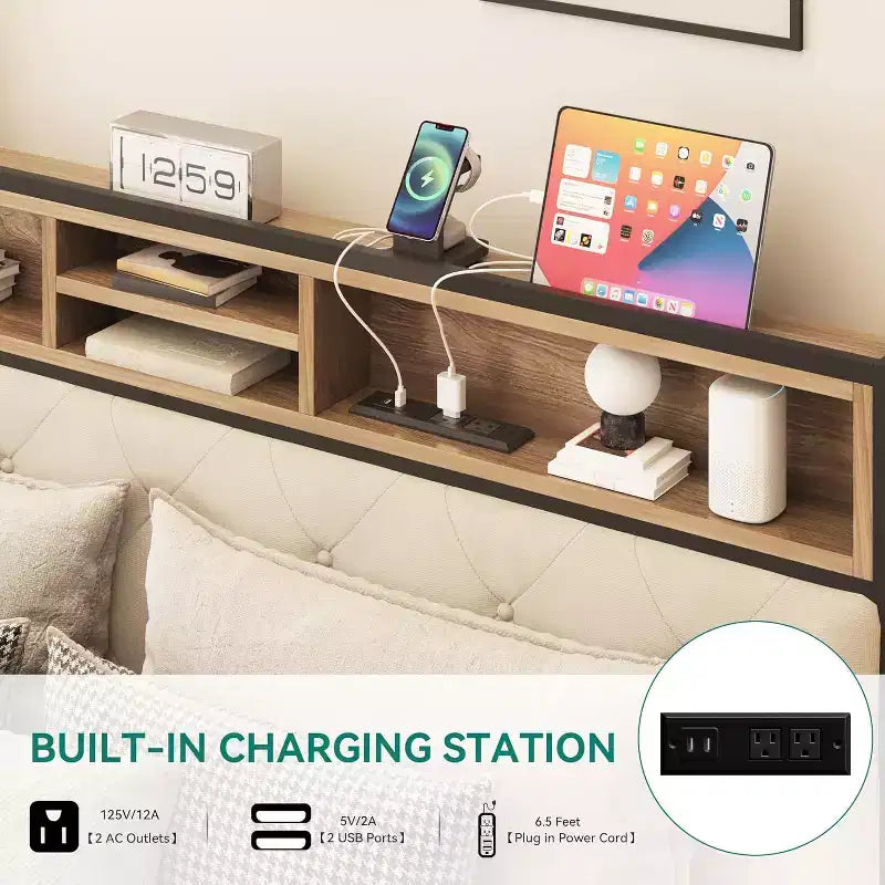 GDFStudio Roger — Base de cama de plataforma moderna con cabecero y pie de cama tapizados con almacenamiento