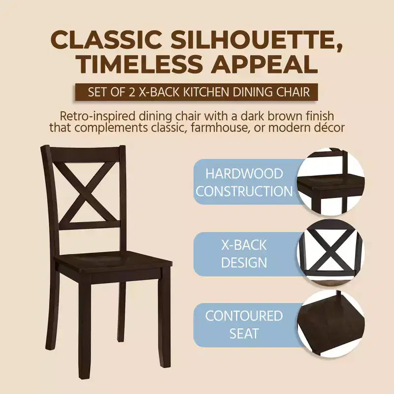 Sillas de comedor de madera ROME + OAK X-Back Farmhouse para cocina en marrón oscuro, juego de 4