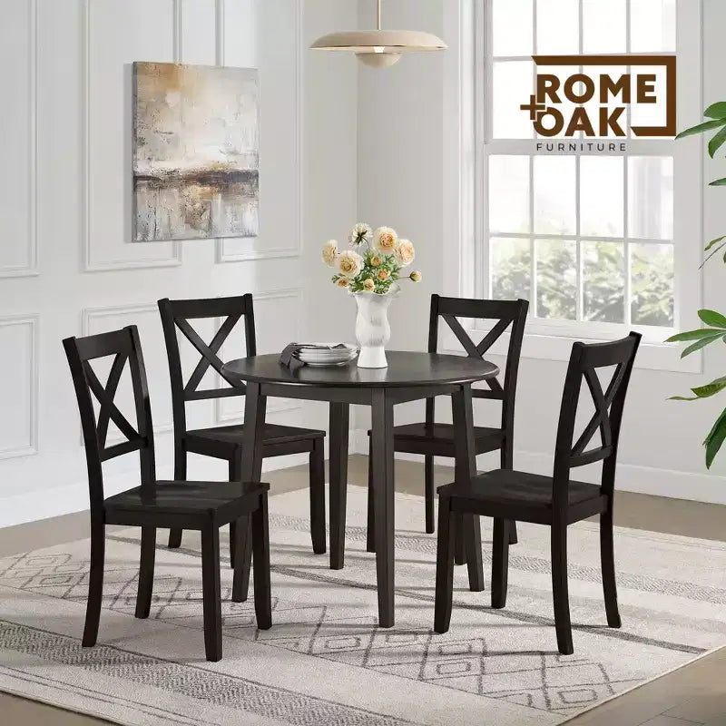 Sillas de comedor de madera ROME + OAK X-Back Farmhouse para cocina en marrón oscuro, juego de 4