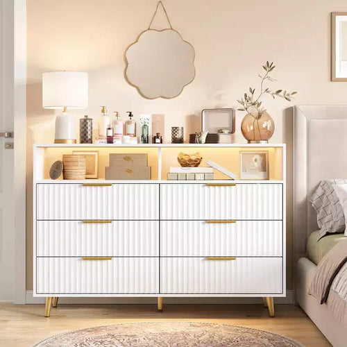 6 Drawers Dresser, 47.2 Wide Dressers with LED Lights and Charging Station, Curved Profile Design, Fluted Wood Drawers for Living Room, White