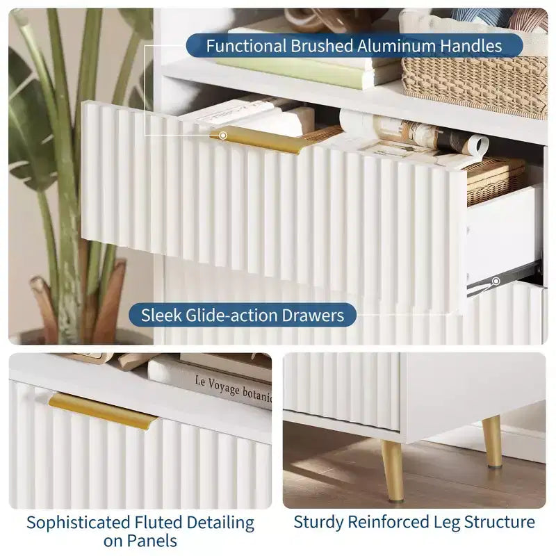 Cómoda de 6 cajones, 47.2 pulgadas de ancho, con luces LED y estación de carga, diseño de perfil curvo, cajones de madera estriada para sala de estar, blanca