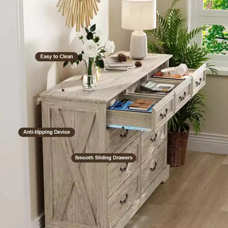 Cómoda Dyonery de 9 cajones estilo rústico, aparador rústico de 52 pulgadas de ancho con cubierta de madera, amplio almacenamiento y manijas de metal, organizador de dormitorio y soporte de TV