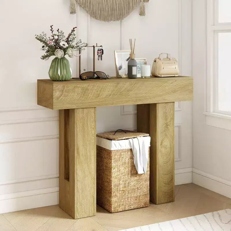Mesa consola HOMCOM, mesa de sofá estrecha detrás del sofá, mesa de entrada de estilo rústico para sala de estar, pasillo, entrada, roble