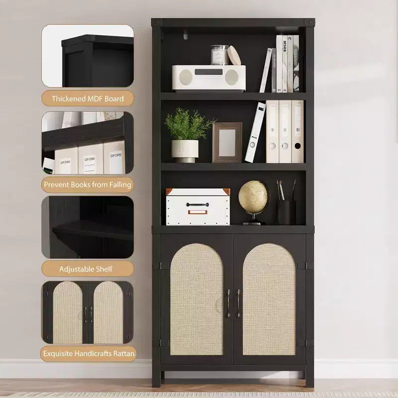 Estanterías de estilo rústico y estanterías con puerta, estanterías de 70 pulgadas de alto con tres niveles de almacenamiento abierto, para el hogar, la oficina, la sala de estar, 2 unidades, color negro