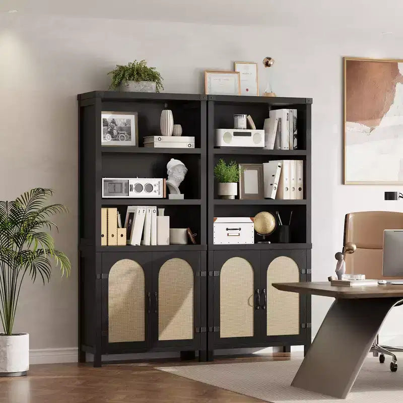 Estanterías de estilo rústico y estanterías con puerta, estanterías de 70 pulgadas de alto con tres niveles de almacenamiento abierto, para el hogar, la oficina, la sala de estar, 2 unidades, color negro