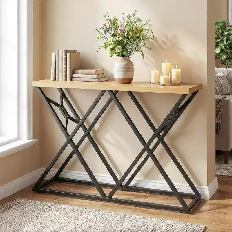Costway Mesa Consola Industrial de 55" con Estructura de Metal Sólido y Almacenamiento, Mesa de Sofá Rústica