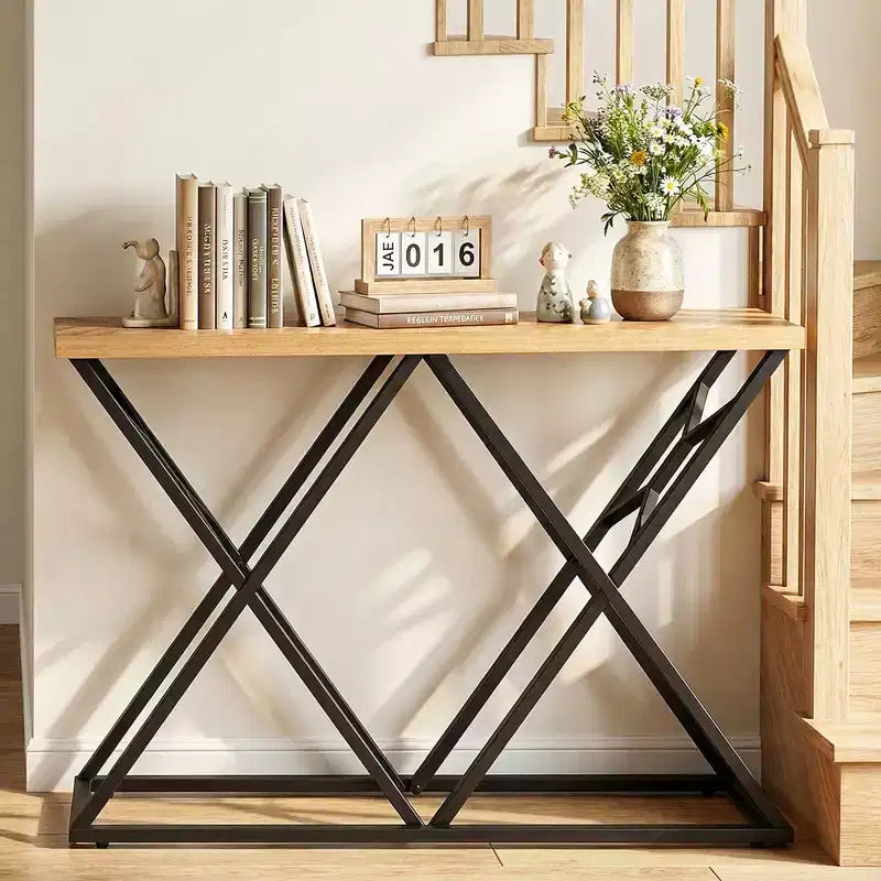Costway Mesa Consola Industrial de 55" con Estructura de Metal Sólido y Almacenamiento, Mesa de Sofá Rústica