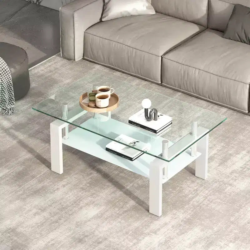 Divertida marca de juguetes Mesa de centro de cristal templado, mesa de centro de 2 capas para sala de estar