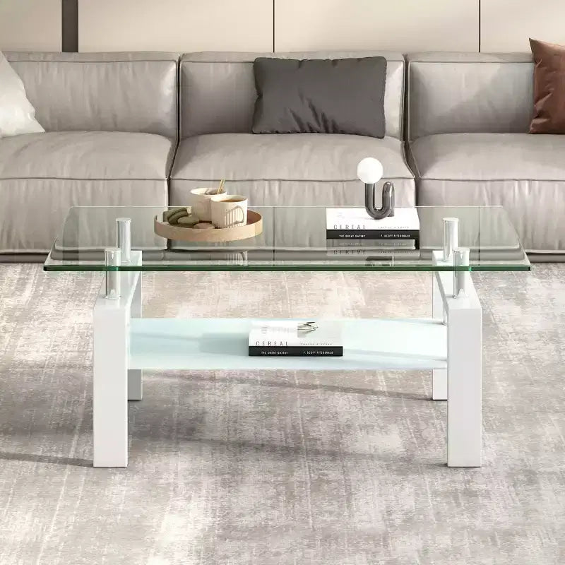 Divertida marca de juguetes Mesa de centro de cristal templado, mesa de centro de 2 capas para sala de estar