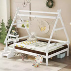 JVNOXK Cama de plataforma Full House con escaleras, marco de cama individual de madera maciza, diseño de perfil bajo y divertido para niños, blanco
