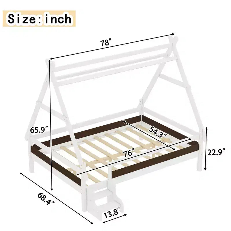 JVNOXK Cama de plataforma Full House con escaleras, marco de cama individual de madera maciza, diseño de perfil bajo y divertido para niños, blanco