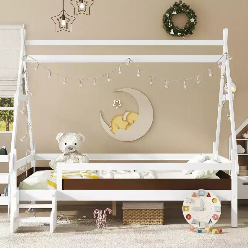 JVNOXK Cama de plataforma Full House con escaleras, marco de cama individual de madera maciza, diseño de perfil bajo y divertido para niños, blanco