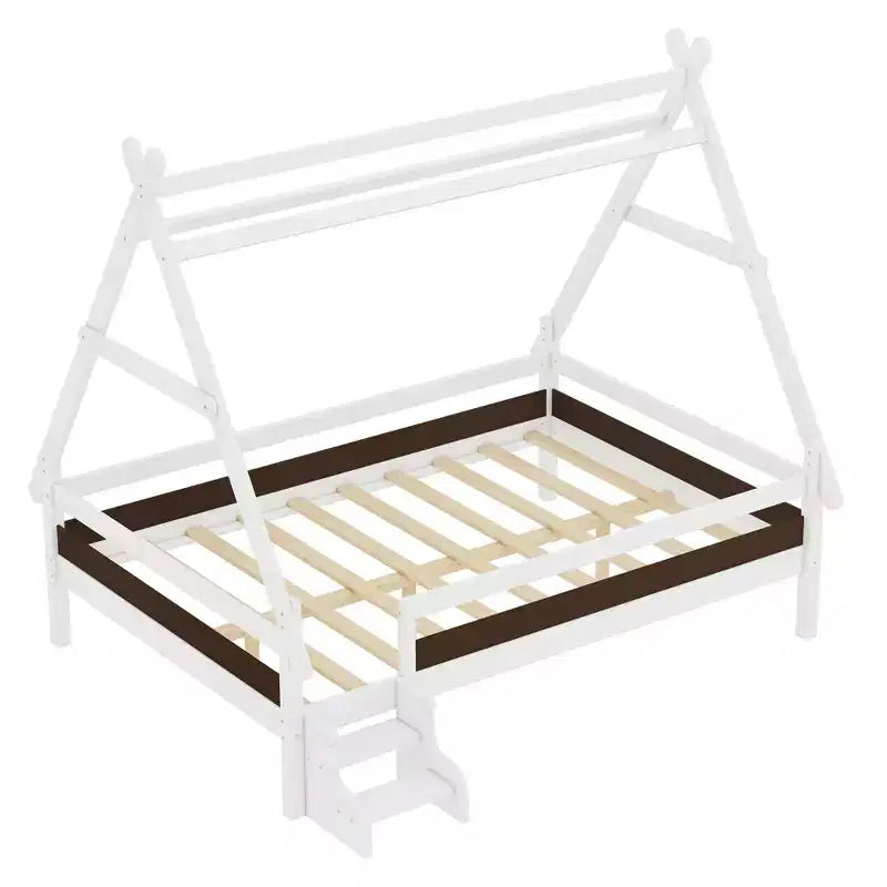 JVNOXK Cama de plataforma Full House con escaleras, marco de cama individual de madera maciza, diseño de perfil bajo y divertido para niños, blanco