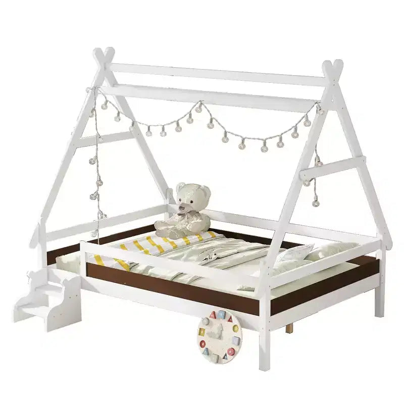 JVNOXK Cama de plataforma Full House con escaleras, marco de cama individual de madera maciza, diseño de perfil bajo y divertido para niños, blanco