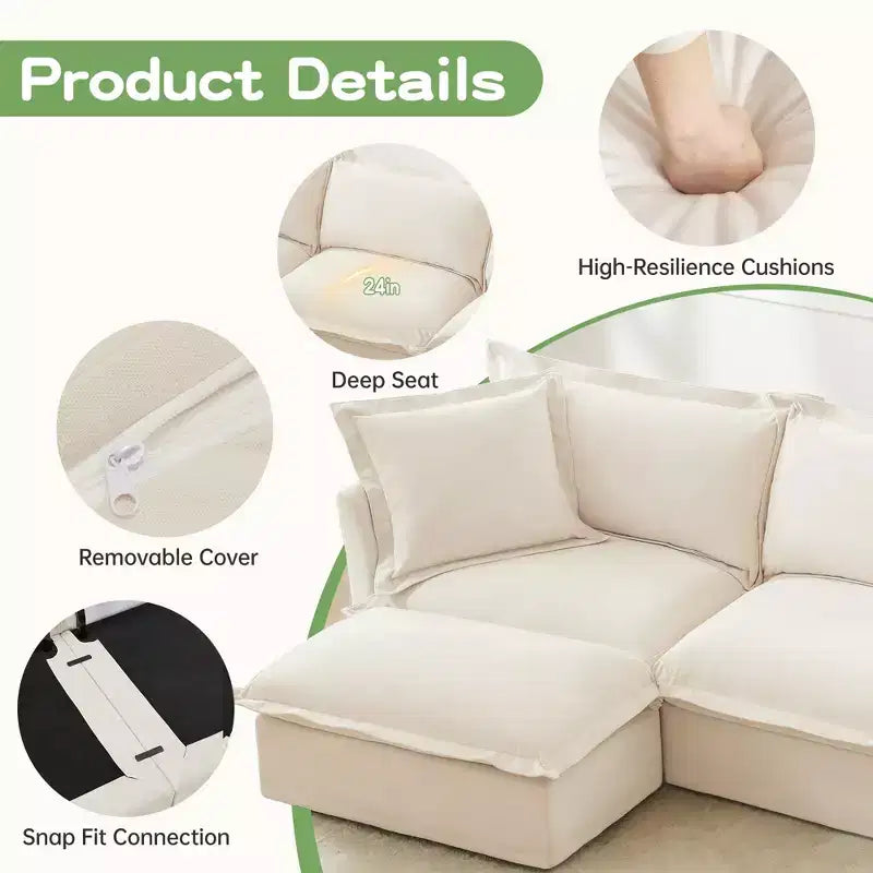 Cómodo sofá seccional en forma de L, sofá grande tipo nube con otomana convertible para sala de estar