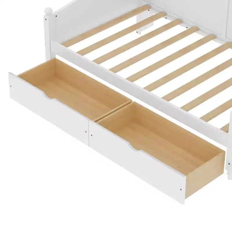 Cama Diván Doble con Cajones de Almacenamiento y Estantes en el Cabecero, Estructura de Cama de Madera, Blanca