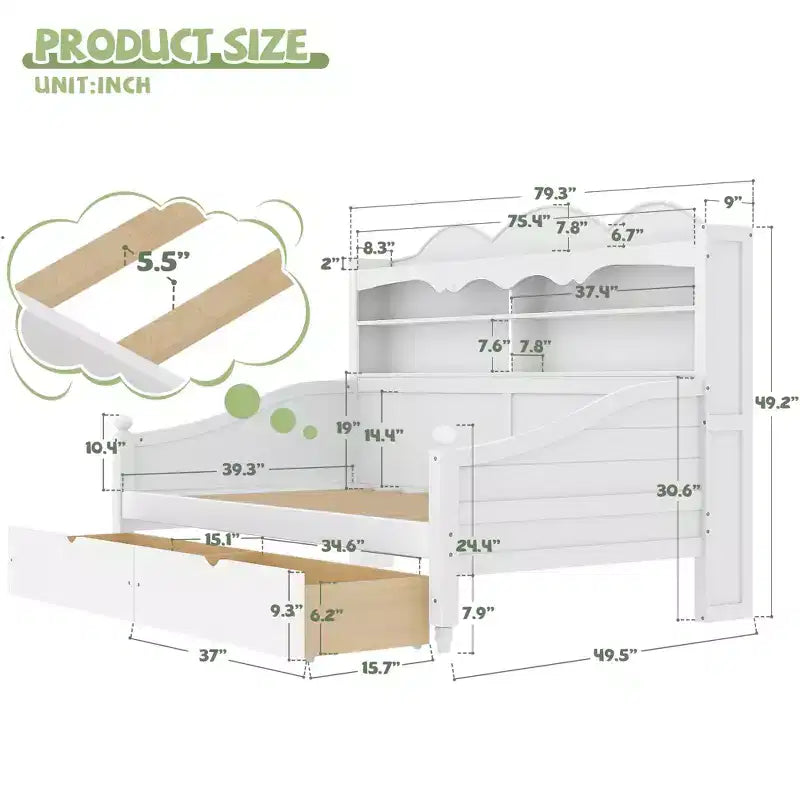 Cama Diván Doble con Cajones de Almacenamiento y Estantes en el Cabecero, Estructura de Cama de Madera, Blanca