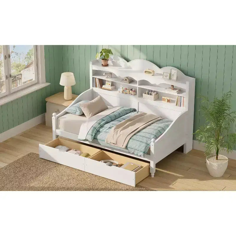 Cama Diván Doble con Cajones de Almacenamiento y Estantes en el Cabecero, Estructura de Cama de Madera, Blanca