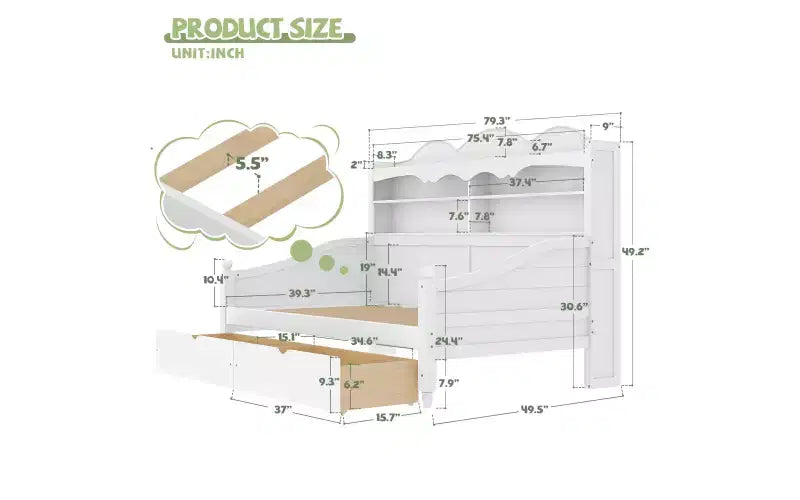 Cama Diván Doble con Cajones de Almacenamiento y Estantes en el Cabecero, Estructura de Cama de Madera, Blanca