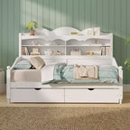 Cama Diván Doble con Cajones de Almacenamiento y Estantes en el Cabecero, Estructura de Cama de Madera, Blanca