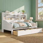 Cama Diván Doble con Cajones de Almacenamiento y Estantes en el Cabecero, Estructura de Cama de Madera, Blanca