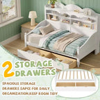 Cama Diván Doble con Cajones de Almacenamiento y Estantes en el Cabecero, Estructura de Cama de Madera, Blanca