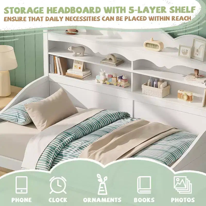 Cama Diván Doble con Cajones de Almacenamiento y Estantes en el Cabecero, Estructura de Cama de Madera, Blanca