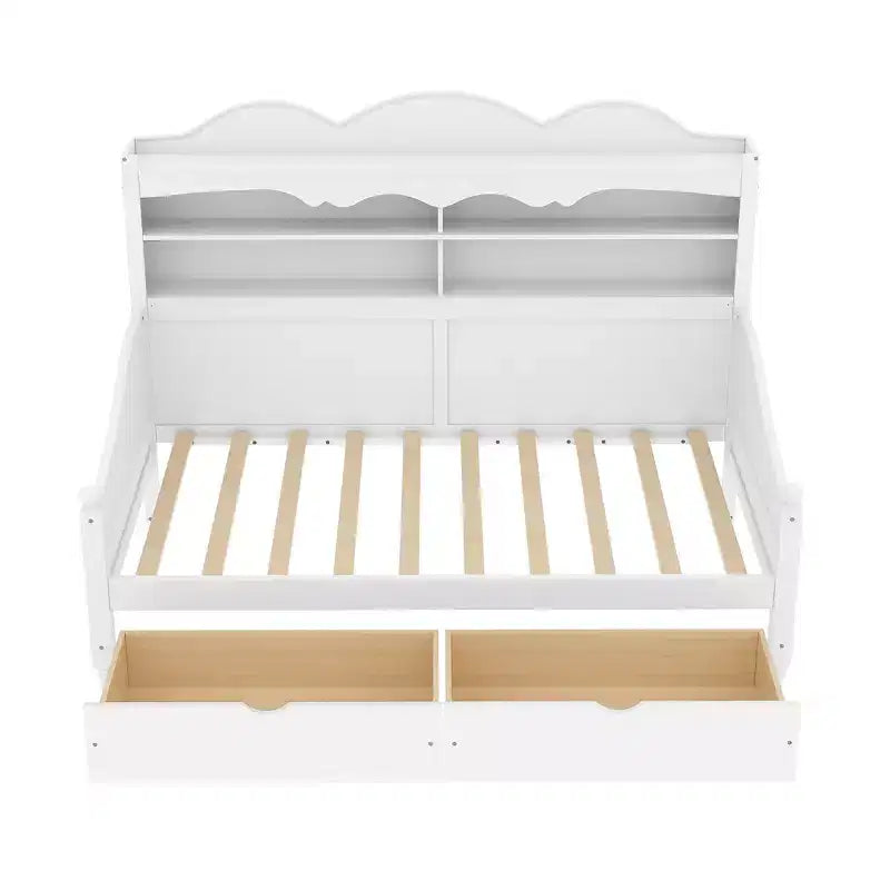 Cama Diván Doble con Cajones de Almacenamiento y Estantes en el Cabecero, Estructura de Cama de Madera, Blanca