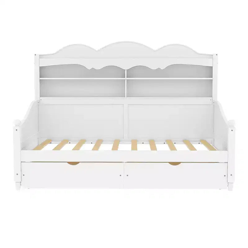Cama Diván Doble con Cajones de Almacenamiento y Estantes en el Cabecero, Estructura de Cama de Madera, Blanca
