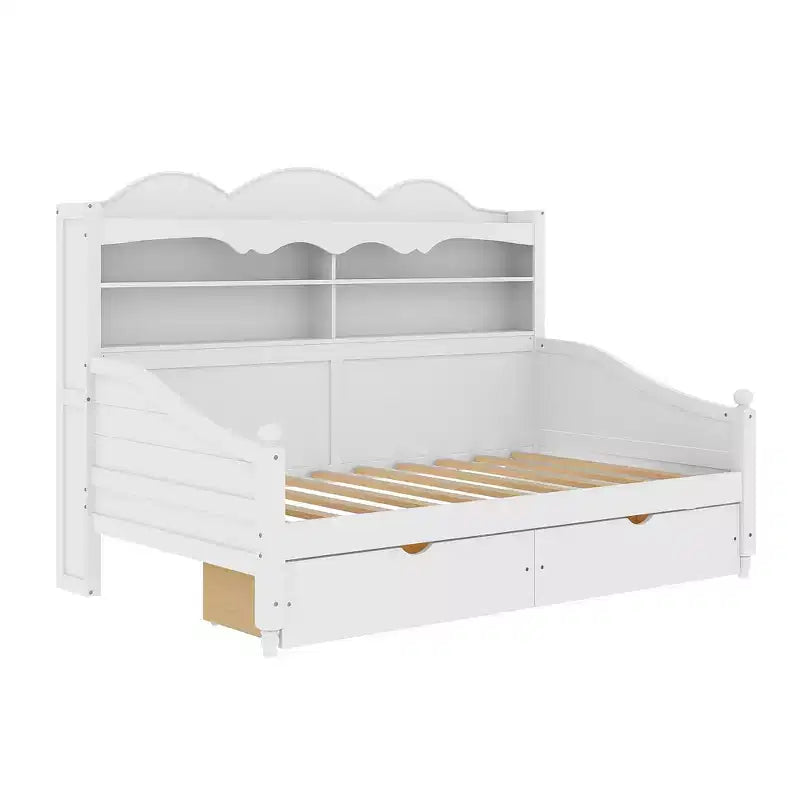 Cama Diván Doble con Cajones de Almacenamiento y Estantes en el Cabecero, Estructura de Cama de Madera, Blanca
