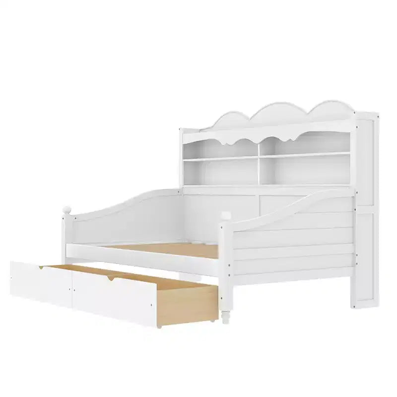 Cama Diván Doble con Cajones de Almacenamiento y Estantes en el Cabecero, Estructura de Cama de Madera, Blanca
