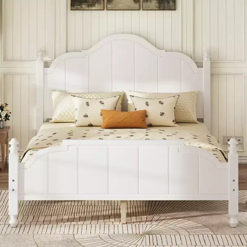 Queen Bed Frame with Headboard, Vintage Wood Platform Bed with Slat Support, White